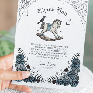 Gothic Blue Floral Rocking Horse Baby Shower Thank You Card