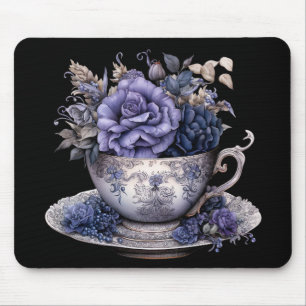 GOTHIC BLUE & PURPLE FLOWERS IN A TEACUP MOUSE MAT
