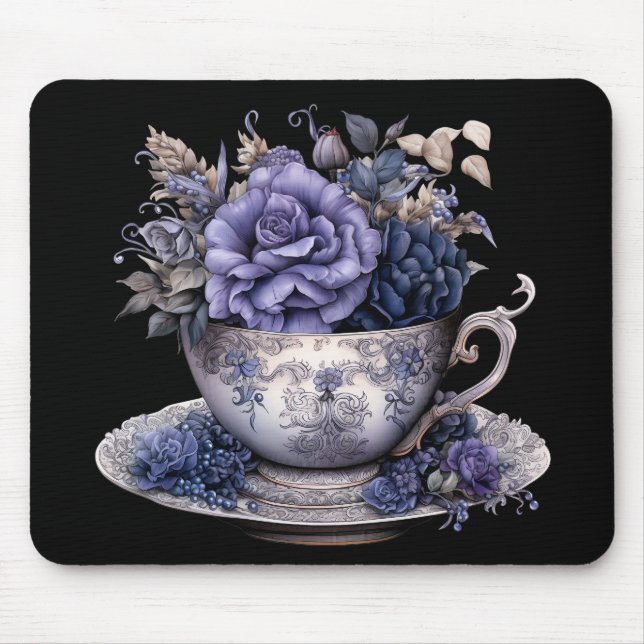GOTHIC BLUE & PURPLE FLOWERS IN A TEACUP MOUSE MAT (Front)