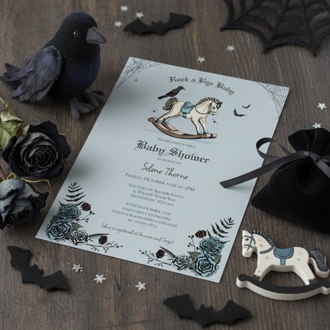 Gothic Blue Rocking Horse Pattern Baby Shower Invitation (Gothic Baby Shower Invitations. Elegant Blue Floral Spooky Rocking Horse Illustration for Halloween )