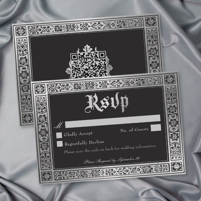 Gothic Blue Silver Mediaeval Wedding QR RSVP Card (Gothic Blue Silver Medieval Wedding QR RSVP Card)