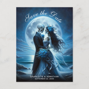 Gothic Blue Skeleton Couple Wedding Save the Date Announcement Postcard