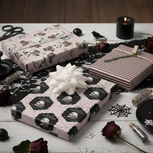 Gothic Blush Pink Skulls and Stripes Halloween  Wrapping Paper Sheet (Gothic Gift Wrap in Pink For Her. Vintage Floral Skulls & Roses Pattern. Halloween October Birthday)