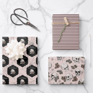 Gothic Blush Pink Skulls and Stripes Halloween  Wrapping Paper Sheet
