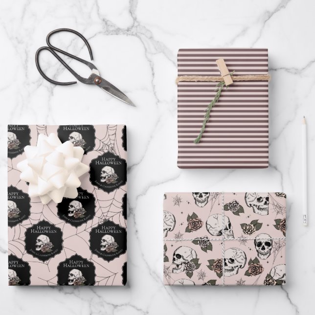 Gothic Blush Pink Skulls and Stripes Halloween  Wrapping Paper Sheet (Front)