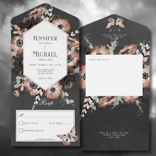 Gothic Boho Moth Black & Brown Floral No Dinner All In One Invitation (Gothic Boho Moth Black & Brown Floral All In One Wedding Invitation without Dinner Options)