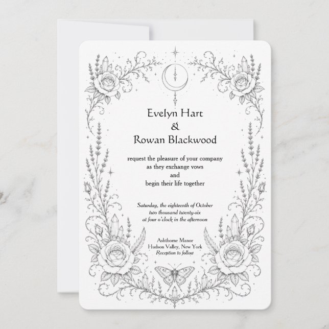 Gothic Botanical Black and White Invitation (Front)