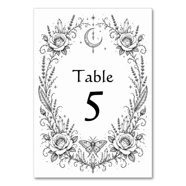 Gothic Botanical Black and White Wedding Table Number (Front)