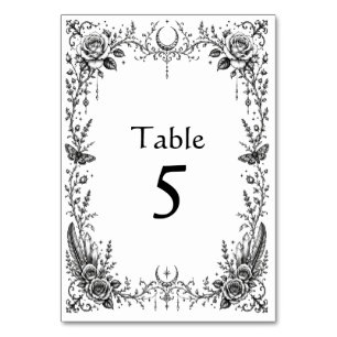 Gothic Botanical Black and White Wedding Table Number