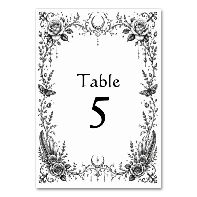 Gothic Botanical Black and White Wedding Table Number (Front)