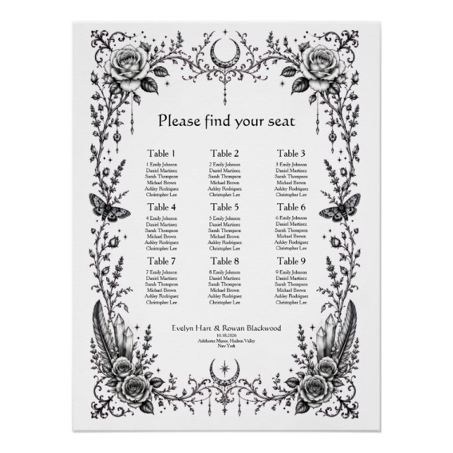 Gothic Botanical Black White Wedding Seating Chart (Front)
