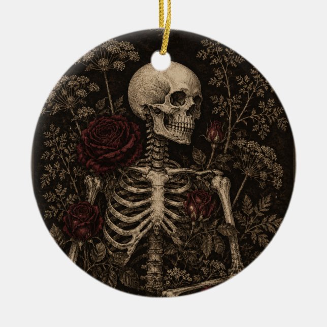Gothic Botanical Skeleton Victorian Etching Burgun Ceramic Tree Decoration (Front)