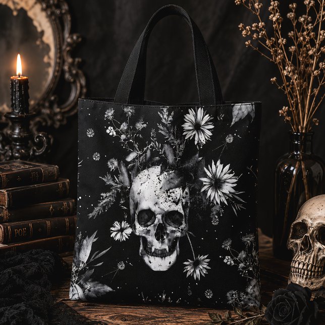 Gothic Botanical Skull Dark Floral Tote Bag (Creator Uploaded)