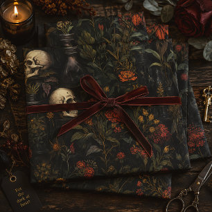 Gothic Botanical Skull Halloween Wrapping Paper Sheet