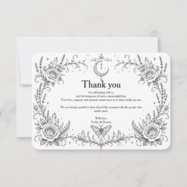 Gothic Botanical Thank You Card Black and White (Front)