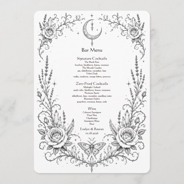Gothic Botanical Wedding Black and White Bar Menu (Front)