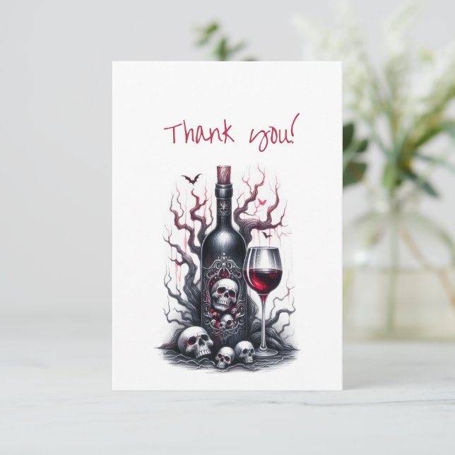 Gothic Bottle Wine Scary tree Skulls Thank You Card (Standing Front)