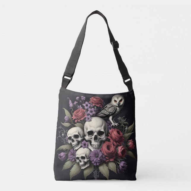 Gothic Bouquet with Three Skulls and an Owl Crossbody Bag (Front)