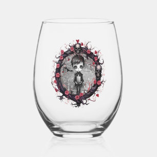 Gothic Boy with Flower Wreath Stemless Wine Glass