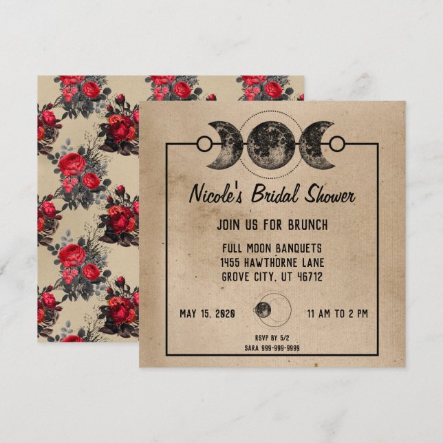 Gothic Bridal Shower Red Roses Celestial Invites (Front/Back)