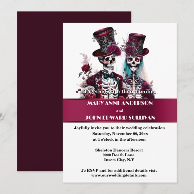 Gothic bride groom skeleton burgundy rose wedding invitation (Front/Back)