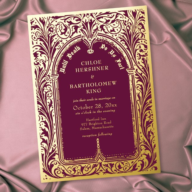 Gothic Burgundy Black Mediaeval Until Death Weddin (Gothic Burgundy Black Medieval Until Death Wedding Foil Invitation)