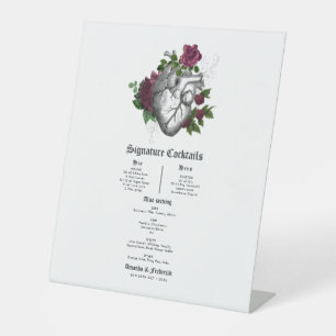 Gothic Burgundy Floral Heart Wedding Cocktail Menu Pedestal Sign