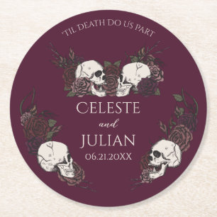Gothic Burgundy Floral Til Death Wedding Round Paper Coaster