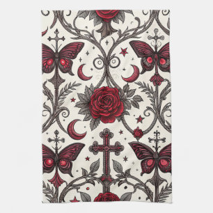 Gothic Butterfly Floral Pattern (1) Tea Towel