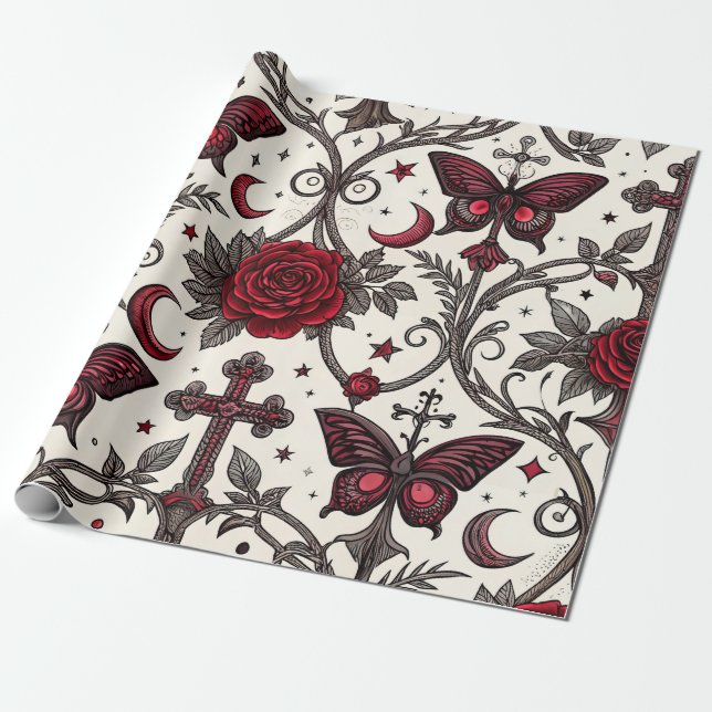 Gothic Butterfly Floral Pattern (1) Wrapping Paper (Unrolled)