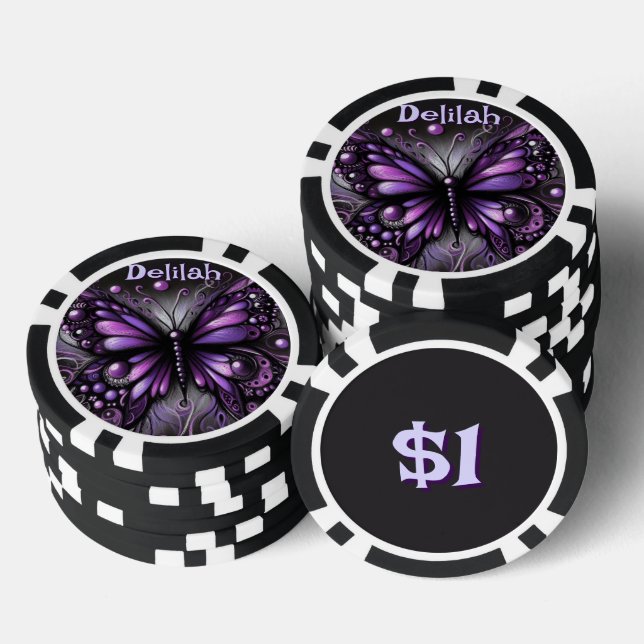 Gothic Butterfly Purple Black Personalised Poker Chips (Stack)