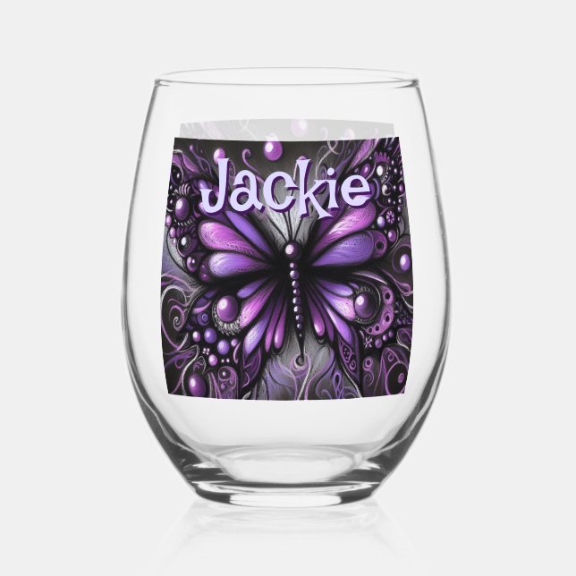 Gothic Butterfly Purple Black Personalised Stemless Wine Glass (Front)