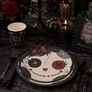 Gothic Button Eye Doll Face Pink Black Halloween Paper Plate