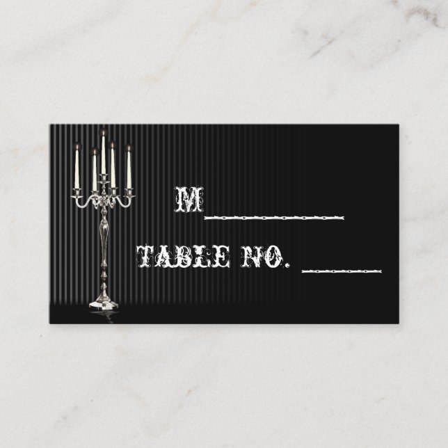 Gothic Candelabra on Black Wedding Place Card (Front)