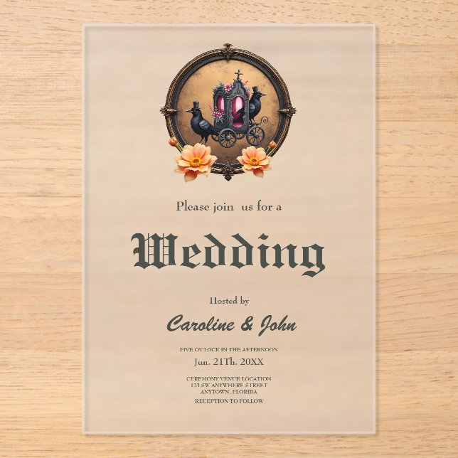 Gothic Carriage with Ravens and Roses.  Acrylic Invitations (Front)