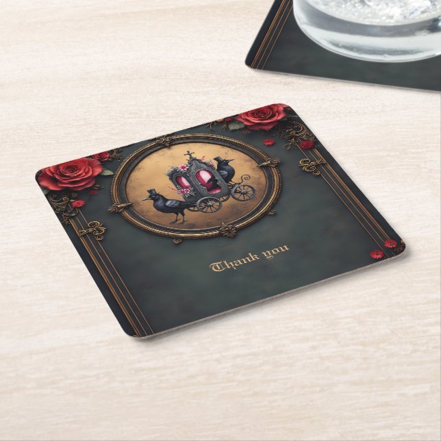 Gothic Carriage with Ravens and Roses. Square Paper Coaster (Angled)