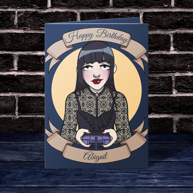 Gothic Cartoon Gamer Teen Girl Birthday Card (Mockup of card in dark room)