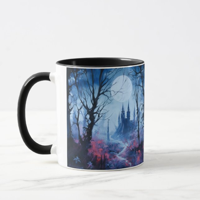 Gothic Castle and Forest Fantasy Halloween Mug (Left)