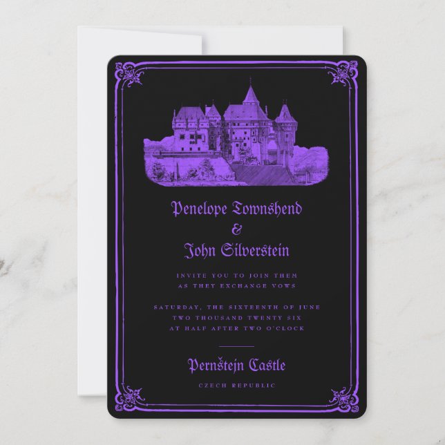 Gothic Castle Border Black Purple Wedding Invitation (Front)