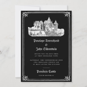 Gothic Castle Hand Drawn Border Black Wedding Invitation