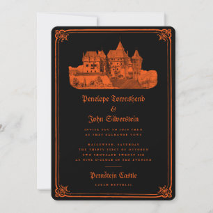 Gothic Castle Orange Black Halloween Wedding Invitation
