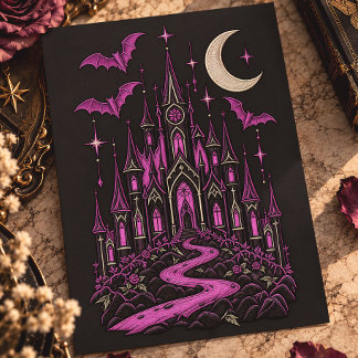 Gothic Castle Purple Moon Bats Postcard