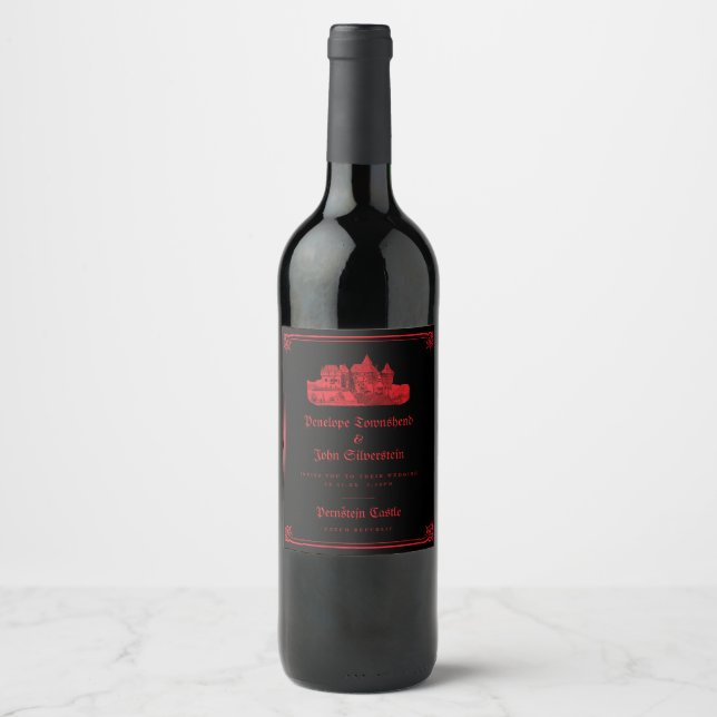 Gothic Castle Red Black Border Wedding Invitation Wine Label (Front)