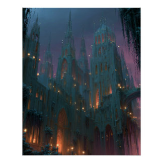 Gothic Castle Under Aurora Fantasy Night Art Poster