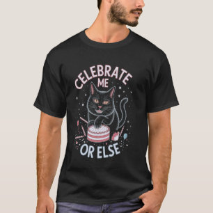 Gothic Cat with Birthday Cake Art T-Shirt