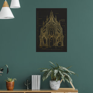 Gothic Cathedral Exterior Blueprint Fine Art Print