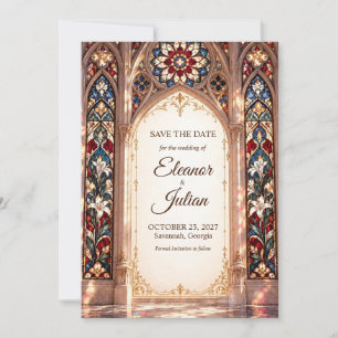 Gothic Cathedral Floral Stained Glass Wedding Save The Date