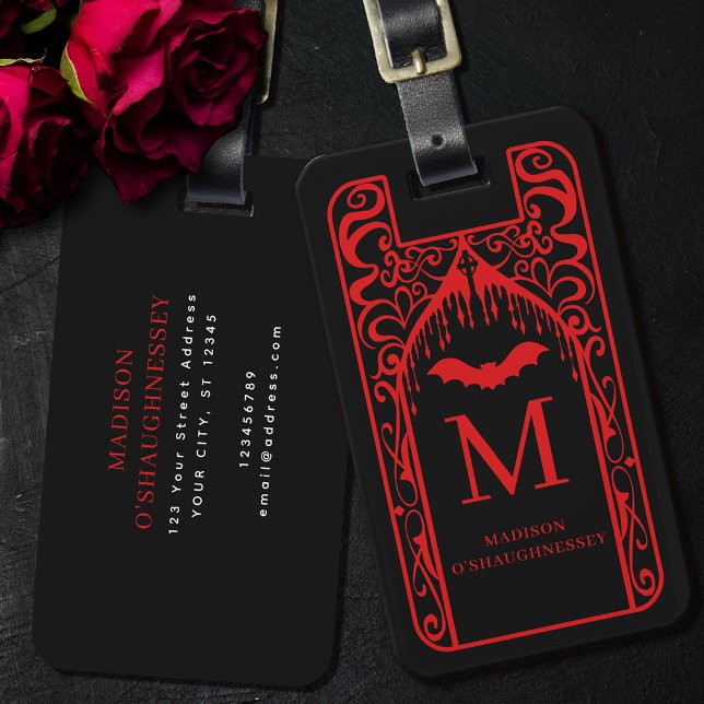 Gothic Cathedral Red Black Vampire Monogram Luggage Tag (Creator Uploaded)