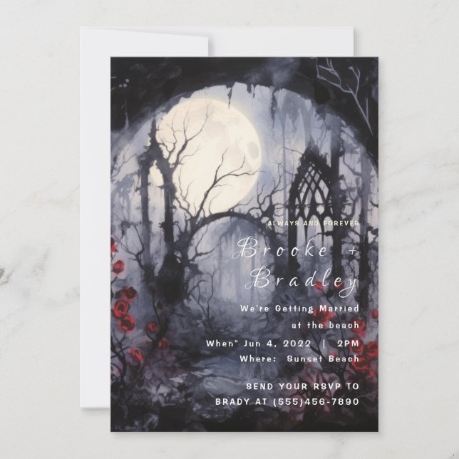 Gothic Cathedral Ruins & Red Roses Wedding Invitation (Front)
