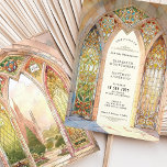 Gothic Cathedral Stained Glass Wedding Invitation<br><div class="desc">Set the tone for a grand celebration with this Gothic Cathedral-inspired wedding invitation, featuring stunning stained glass windows in vivid hues of green, gold, and red. The intricate architectural arches and vibrant floral motifs reflect timeless elegance and spirituality, ideal for church weddings or vintage-themed ceremonies. The serene countryside view adds...</div>